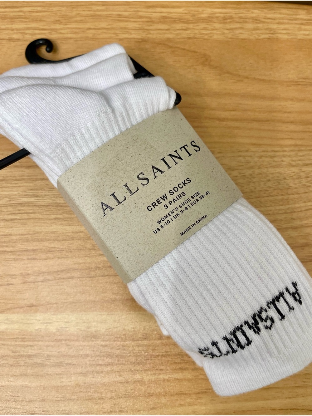 AllSaints White Ribbed Crew Socks with Black Logo - 3 Pack